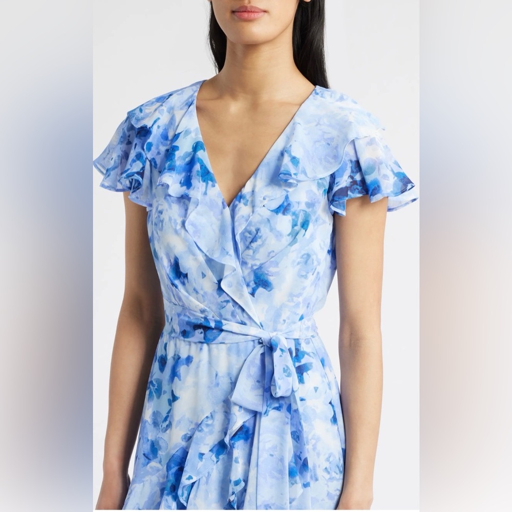 Eliza J Asymmetrical Blue Floral Ruffle Cap Sleeve Surplice V Neck Maxi Dress - Picture 4 of 11